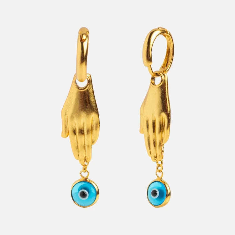 women gold dangle earrings -Angelica Palm and Evil Eye Huggie Earrings