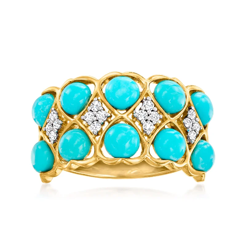 women personalized wedding rings -Ross-Simons Turquoise and Diamond Ring in 14kt Yellow Gold