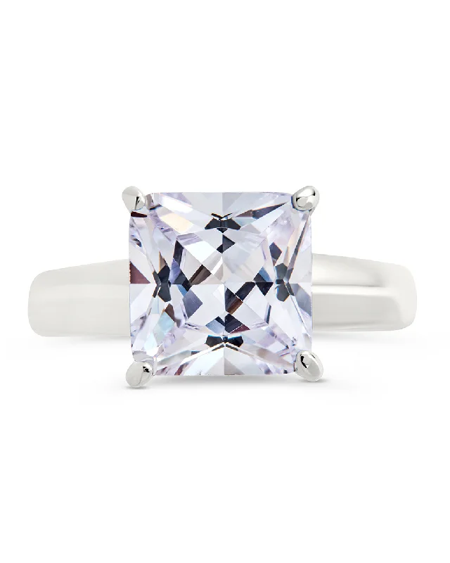 women bold rings -Sterling Silver Princess Cut CZ Solitaire Ring