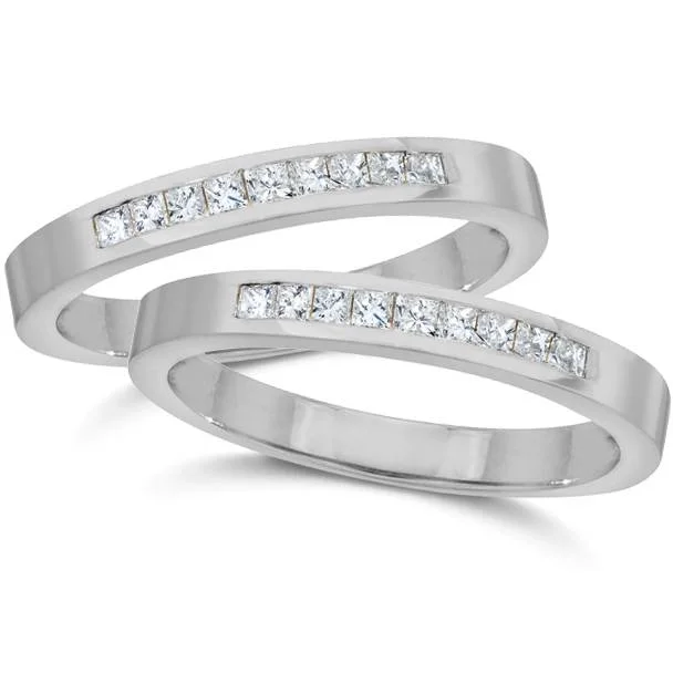 women platinum engagement rings -3/4ct Princess Cut Diamond Wedding Stackable Ring Set