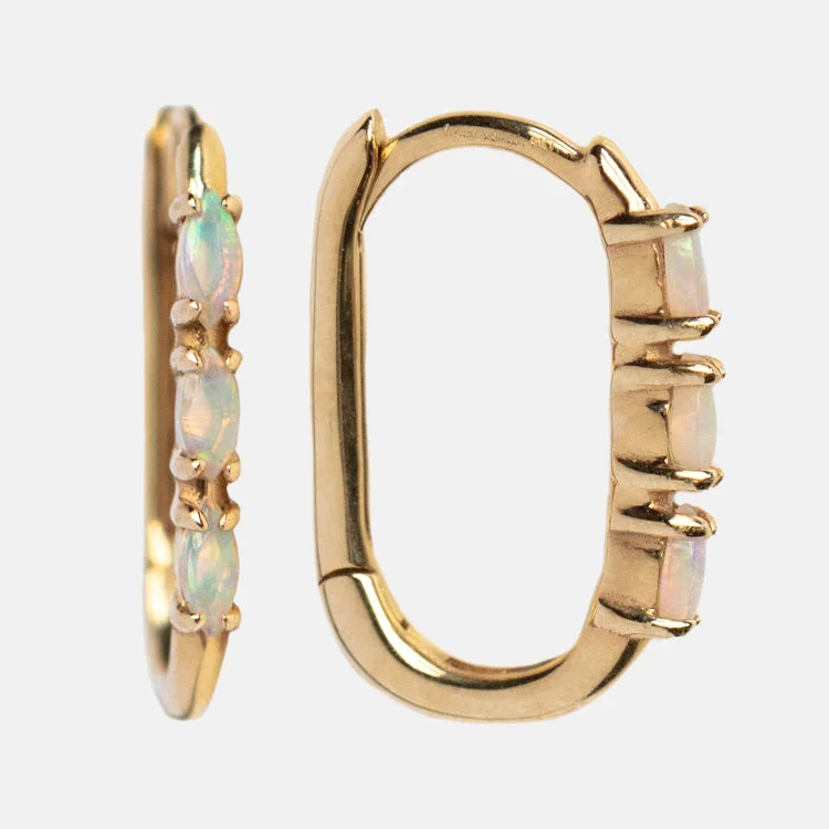 women boho earrings -Solid Gold Opal Oblong Huggie Hoops