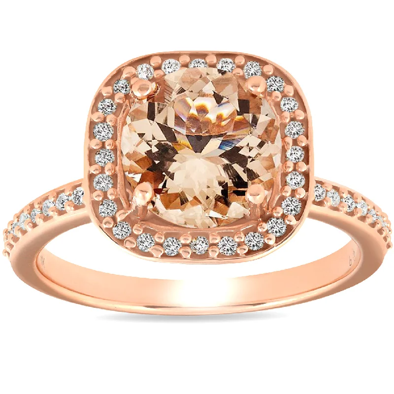 women bold engagement rings -2 Ct Morganite & Diamond Cushion Halo Engagement Ring 14k Rose Gold