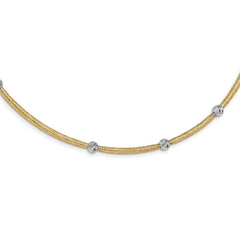 women sparkling diamond necklaces -Curata 14k Two tone Gold Textured Bead Mesh Necklace, 17.75"