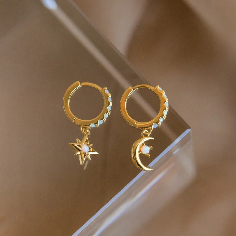 women gold earrings -Astra Moon & Star Huggies