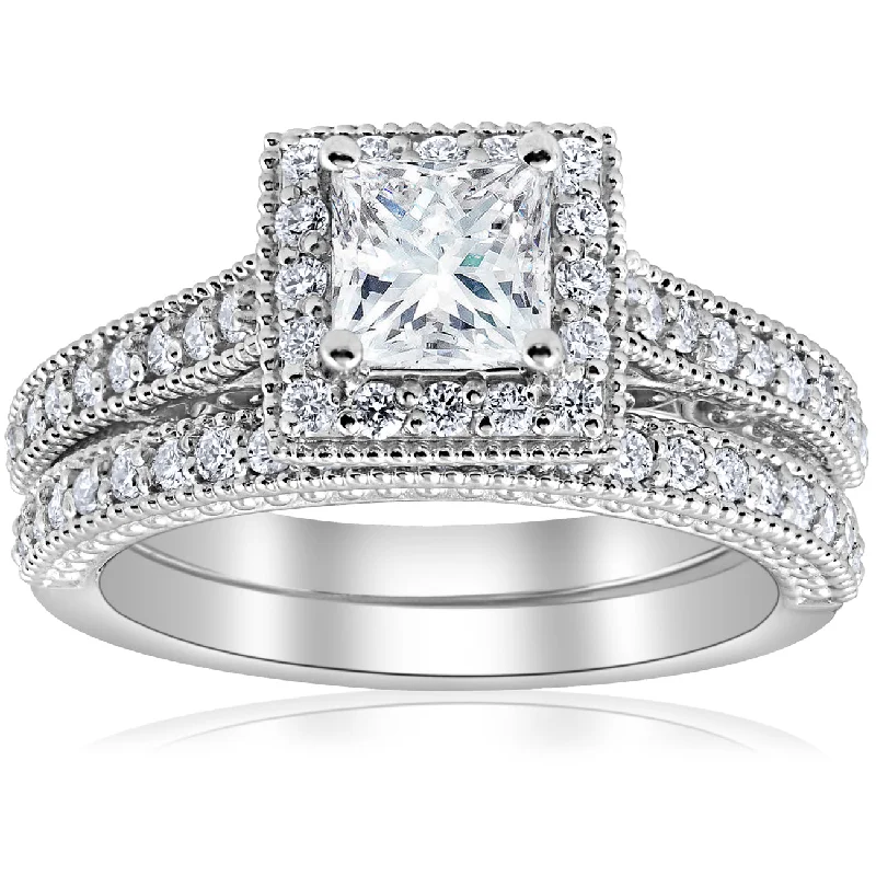 women eco-friendly engagement rings -1 1/2ct Princess Cut Halo Vintage Diamond Engagement Ring 14k White Gold