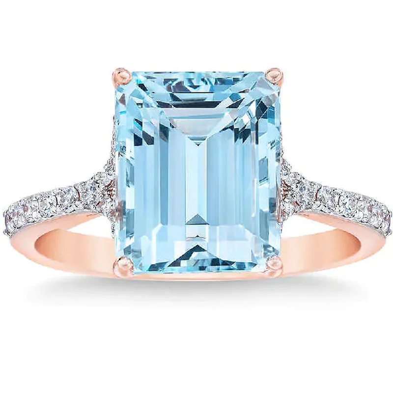 women one-of-a-kind engagement rings -Aquamarine (11x9mm) & Diamond 14k Rose Gold Ring